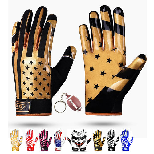 LYRX Professional Football Receiver Gloves with Optimal Silicone Palm Non-Slip Grip Control Ultra-Stick Sports Lightweight Glove and Precision Fit (Black-Gold Flag Youth L (6.5"))